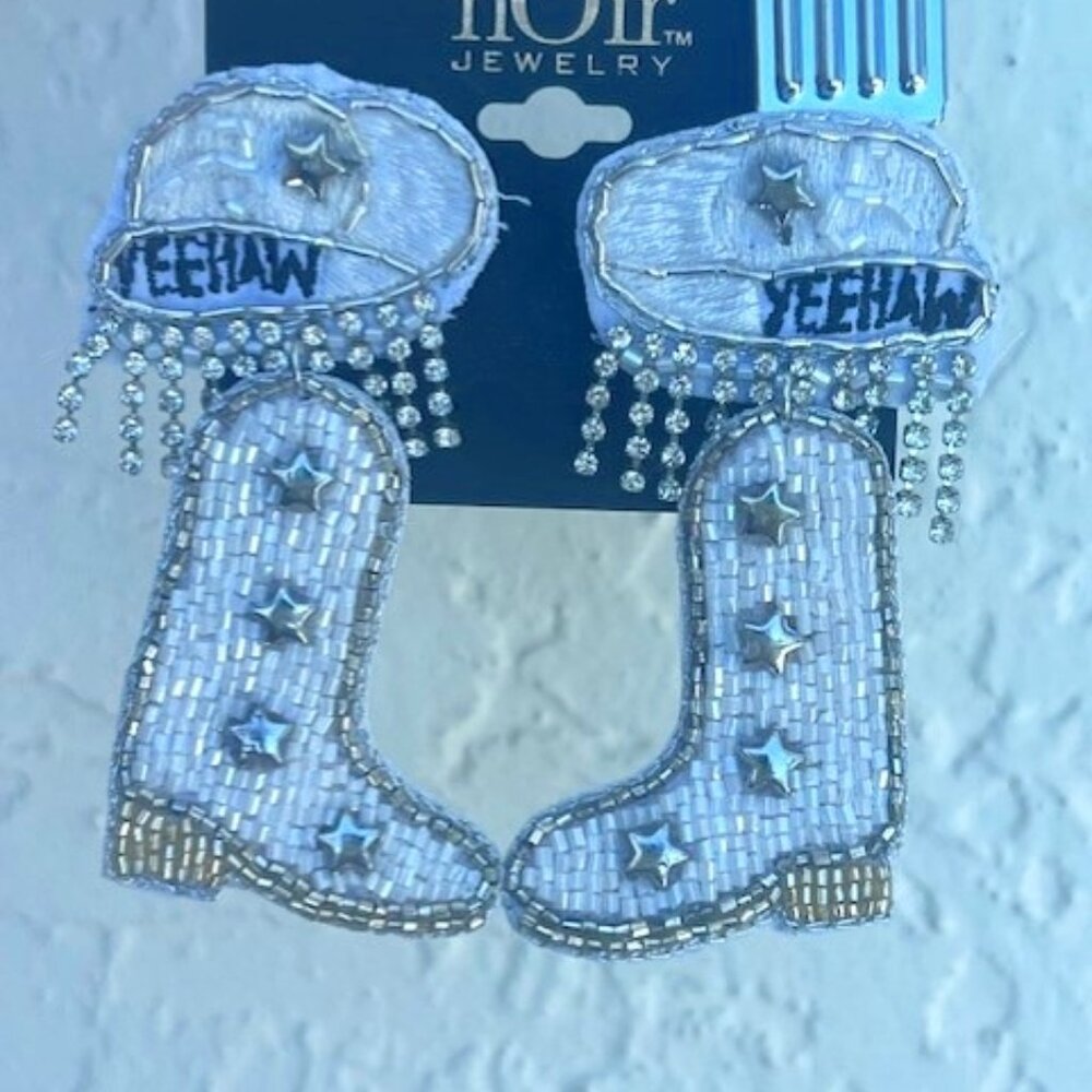 Yeehaw cowboy boots white silver rhinestone earrings western seed beads nashvill